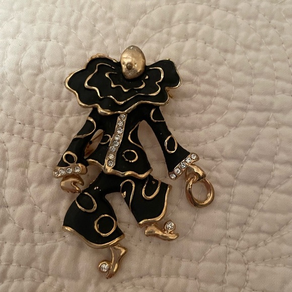 1980s Black clown pin/brooch with gold and crystal/white stone accents. - Picture 5 of 5